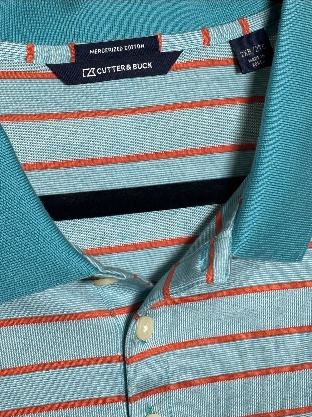 Cutter & Buck Mercerized Cotton Striped Polo 2XL Aqua Coral Golf Shirt #652 - Picture 3 of 8